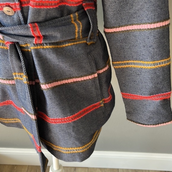 Anthropologie Dolan Picadilly Stripe Coat Textured Blue Belted - Picture 4 of 11